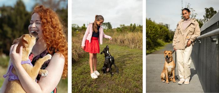 Models posing with dogs for SPCA Op Shop photoshoot